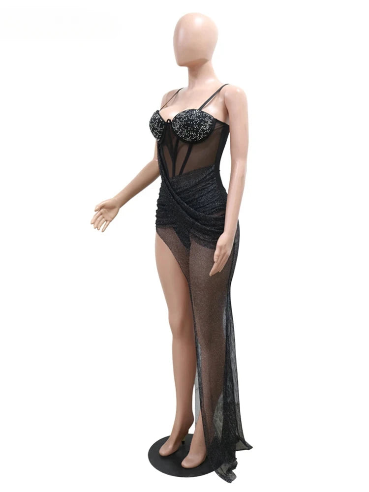 Luxury Irregular Lace Rhinestone Fish Bone Mesh Spaghetti Strips Slim Split Long Party Women Sexy Birthday Wedding Guest Dress