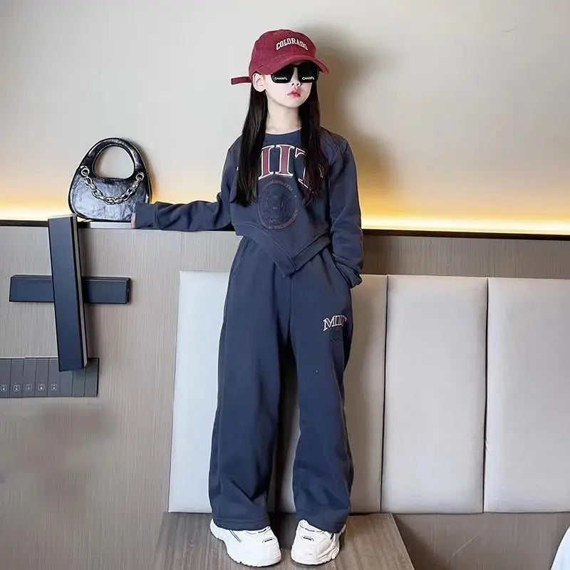 2025 autumn spring kid Girls Clothes Suit Child irregular letter sweatshirt t-shirt top and loose pant Tracksuit 4 8 10 12 year