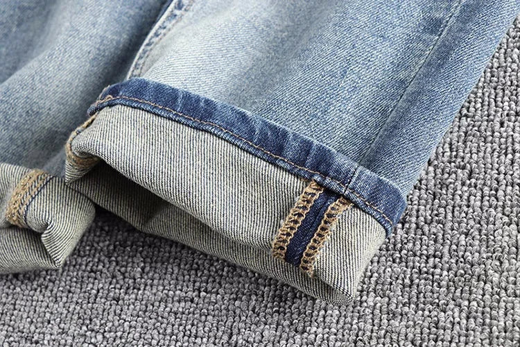 13oz Embroidery Light Blue Washed Denim Jeans for Men 2025 Spring Fashion Fit Straight Pants Clothes Youth Male Casual Trousers
