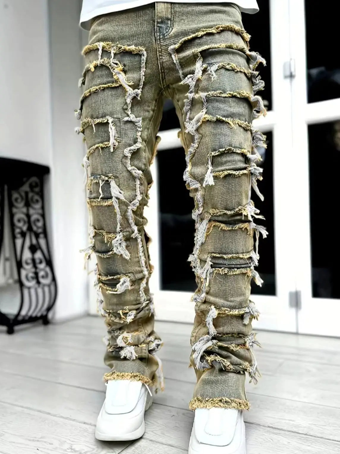 New Fashion Stretch Jeans Man Stacked Jeans Elastic Waist Straight Fit Patchworks Denim Long Pants Fringe Ripped Jeans For Men