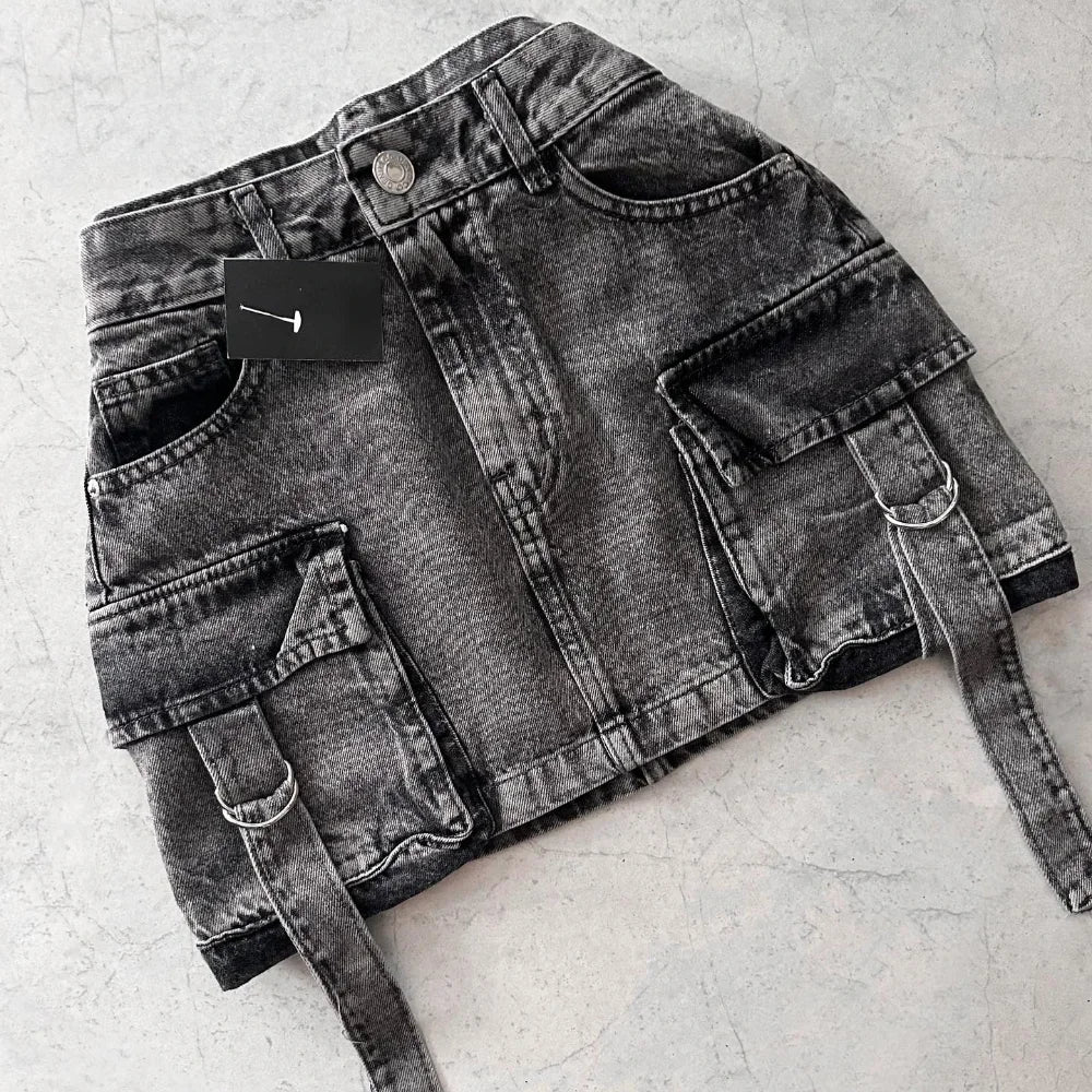 Harajuku Multiple Pockets Denim Plaid Skirt Vintage Goth Black Y2k Mini Skir Fashion Womens Casual Versatile Sexy Streetwear