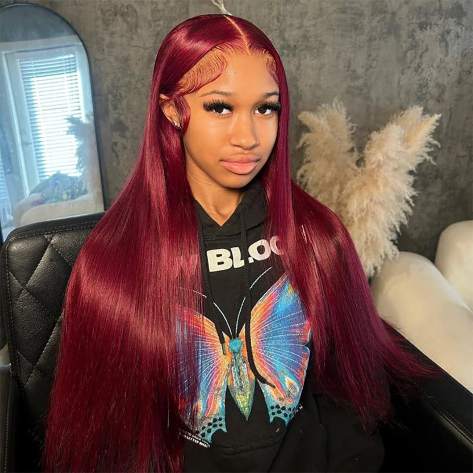 Straight 13x4 13x6 HD Lace Front Human Hair Wig 99J Red Burgundy Colored HD Transparent PrePlucked Lace Frontal Human Hair Wigs