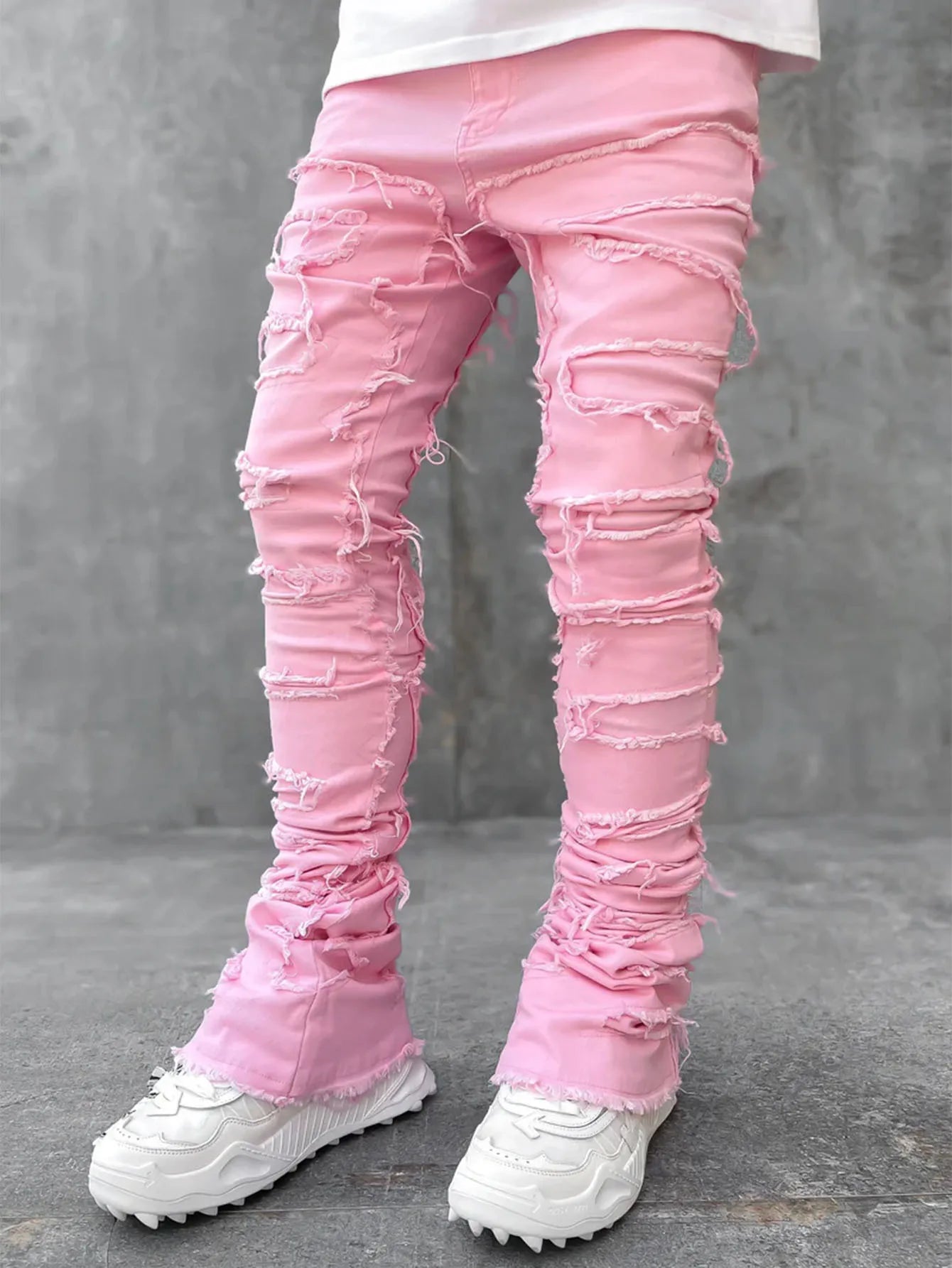 New Fashion Stretch Jeans Man Stacked Jeans Elastic Waist Straight Fit Patchworks Denim Long Pants Fringe Ripped Jeans For Men