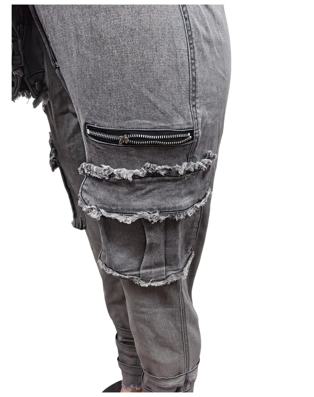 FAGADOER Retro Grey Denim Jumpsuits Women Cargo Pockets Zip Bodycon Jeans Stretchy Quality Overalls Streetwear Autumn New