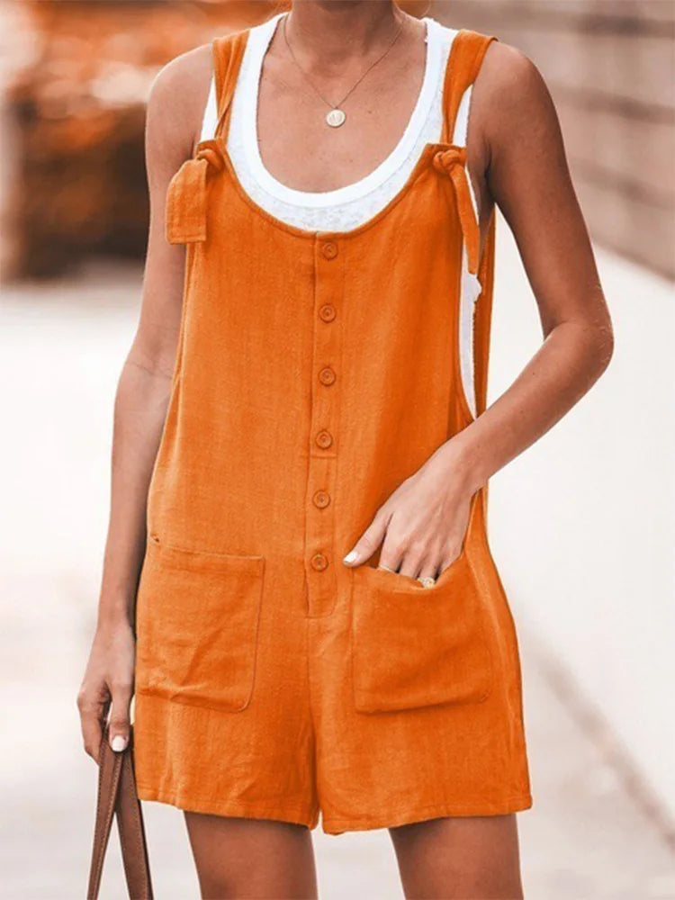 Summer women's solid color patch pocket tied cotton and linen suspender pants