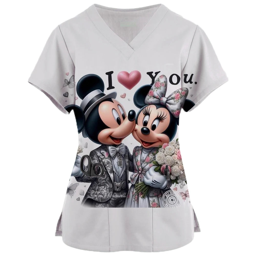 2024 New Minnie Mouse Print Nurse Medical Uniforms V-neck Short Sleeve Pocket Workwear Top Scrubs Medical Accessories Uniform