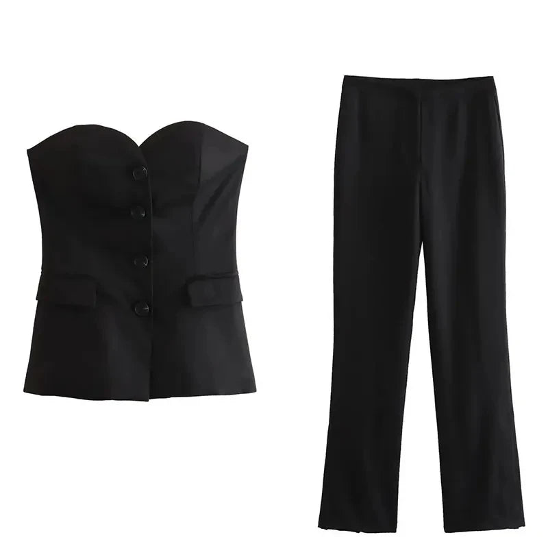 Women Elegant Pant Suit Strapless Top Side Slit Trouser