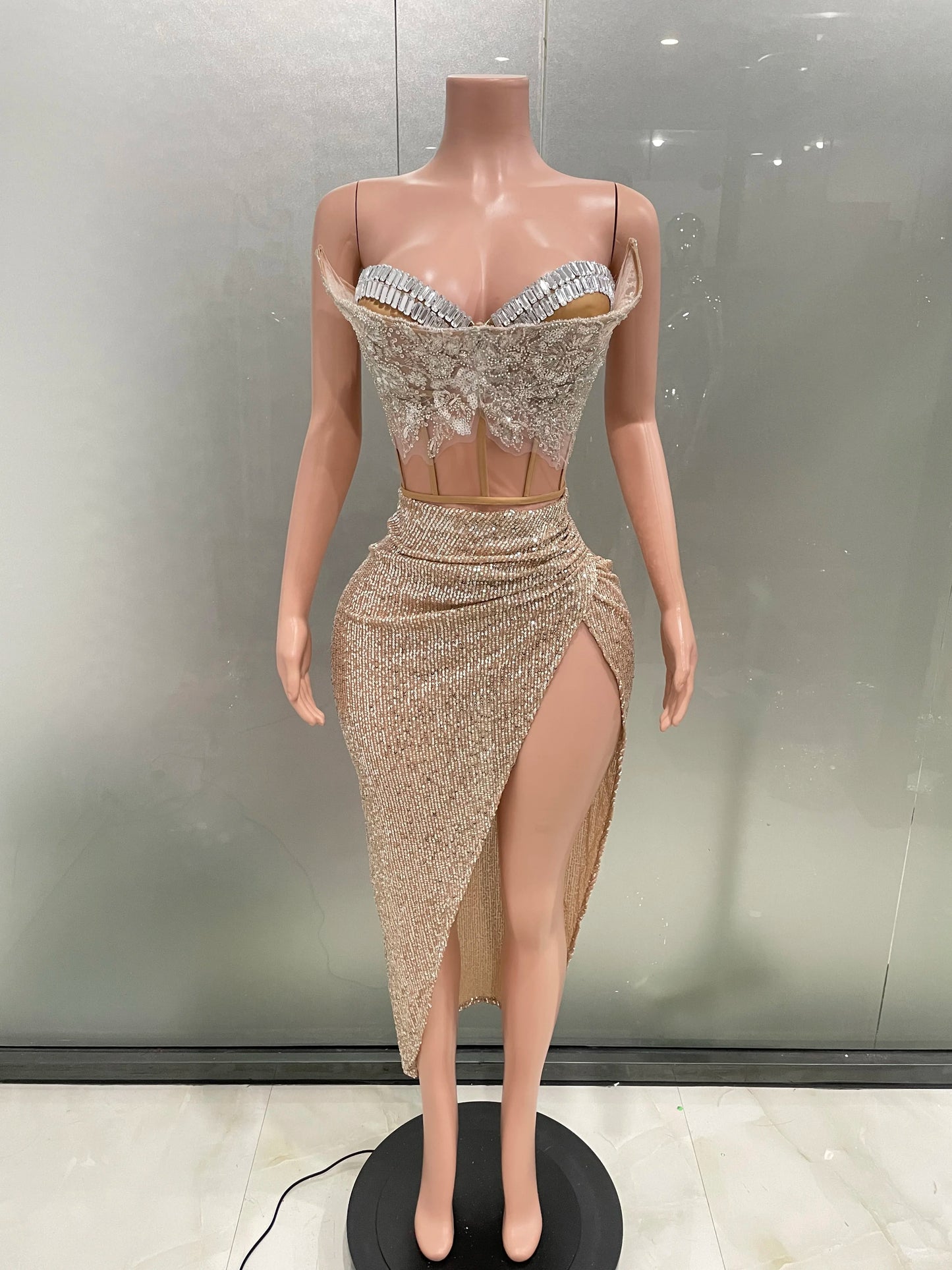 Women Glitter rhinestone Bright Sequins Two Pieces Evening Party Dress Celebrate Festival Dancer Bar Nightclub Ds Dj Stage Wear