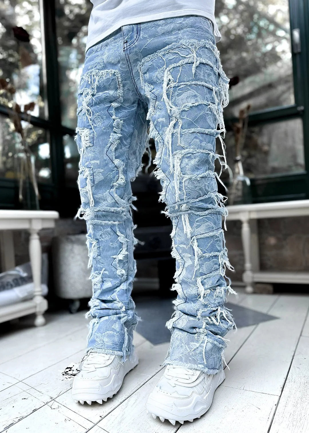 2024 New Premium Vintage Blue Stacked Jeans For Men Stretchy Raw Frayed Denim Destroyed Washed Patchworks Pants