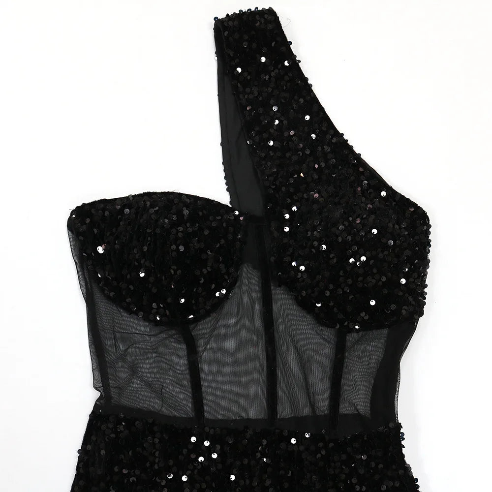 2023 Summer Women Sleeveless One Shoulder Bodycon Sexy Glitter Sequined Mesh Patchwork Mini Dress For Women Birthday Party