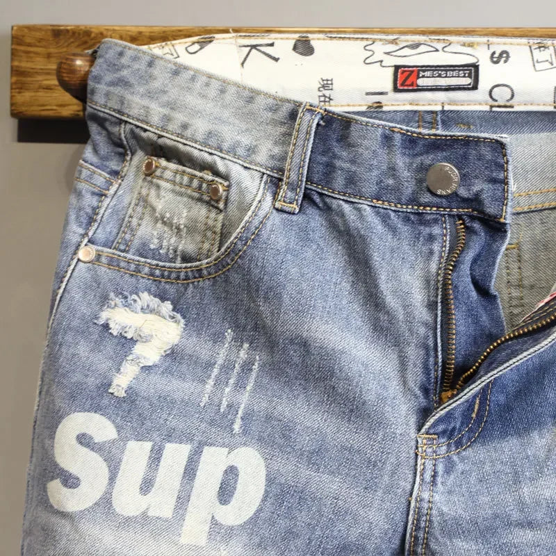 Summer 2025 Light Blue Ripped Cat Whisker Patch Letter Print Slim Denim Shorts Teenagers Jeans Boys and Girls Cowboy Short Pants