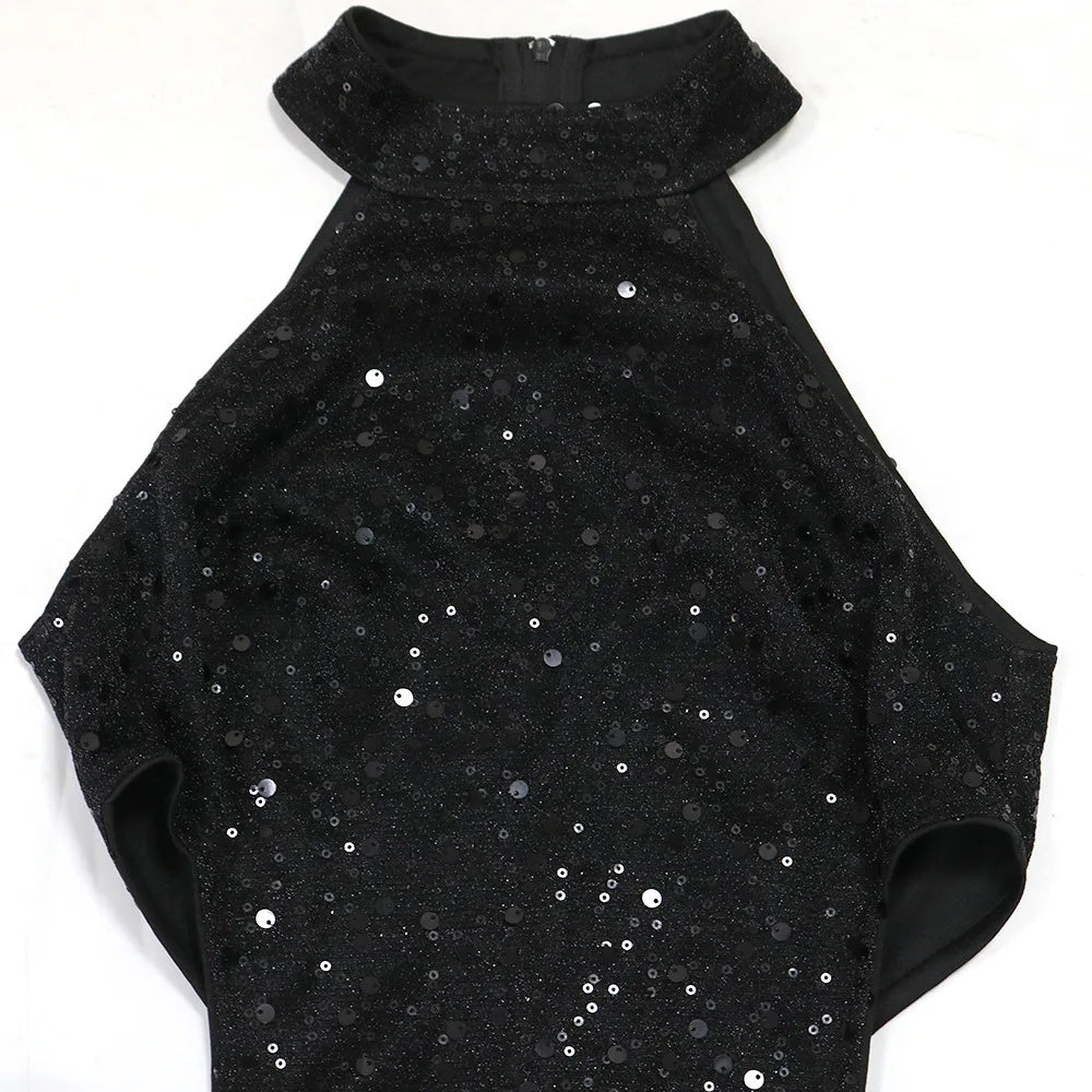 FAGADOER Bow Patchwork Bodycon Birthday Party Mini Sequined Dress Black Sexy Side Hollow Halter Tassel Night Clubwear 2024 New