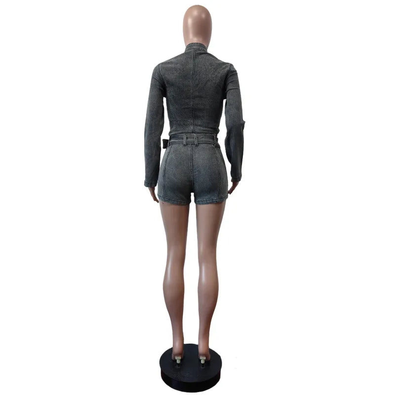 FAGADOER Sexy Denim Two Piece Set for Women Y2k Streetwear Zip Stretchy Long Sleeves Slim Crop Jackets And Shorts Suits 2025 New