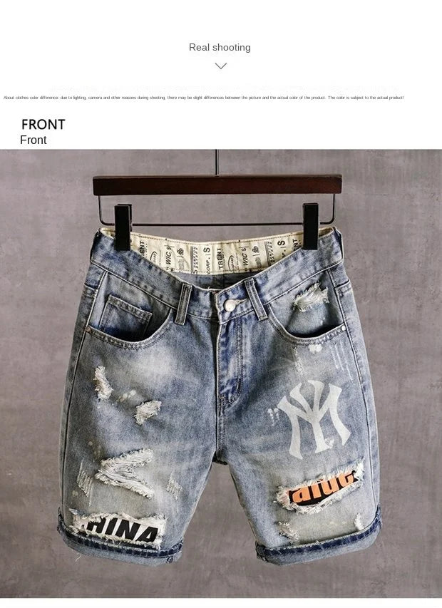 Summer 2025 Light Blue Ripped Cat Whisker Patch Letter Print Slim Denim Shorts Teenagers Jeans Boys and Girls Cowboy Short Pants