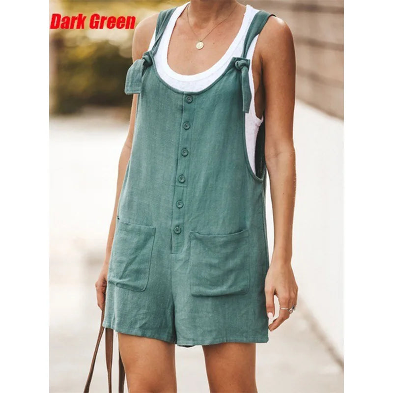Summer women's solid color patch pocket tied cotton and linen suspender pants