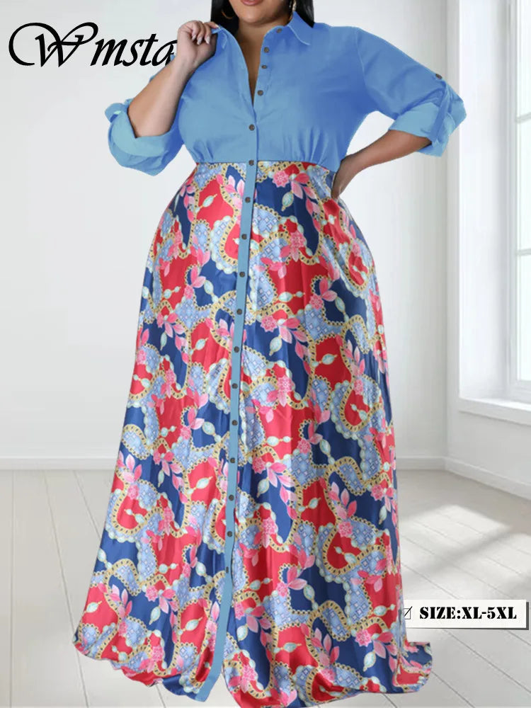 Wmstar Plus Size Women Dress Button Patchwork High Waist Elegant Long Sleeve New in Fall Maxi Dresses Wholesale Dropshipping