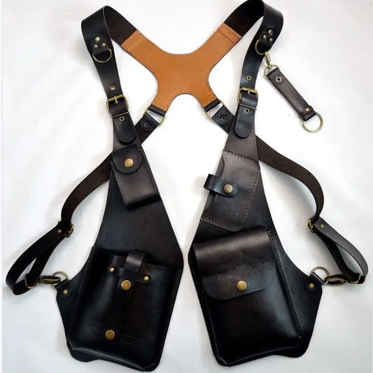 Men Women steampunk vintage cosplay PU leather shoulder harness bag double Phone Wallet case holster Viking underarm purse