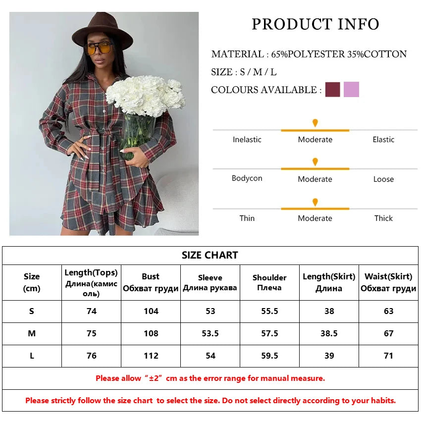 Clacive Fashion Loose Plaid 2 Piece Sets Women Outfit 2025 Elegant Long Sleeve Shirt With High Waist Mini Skirt Set Female