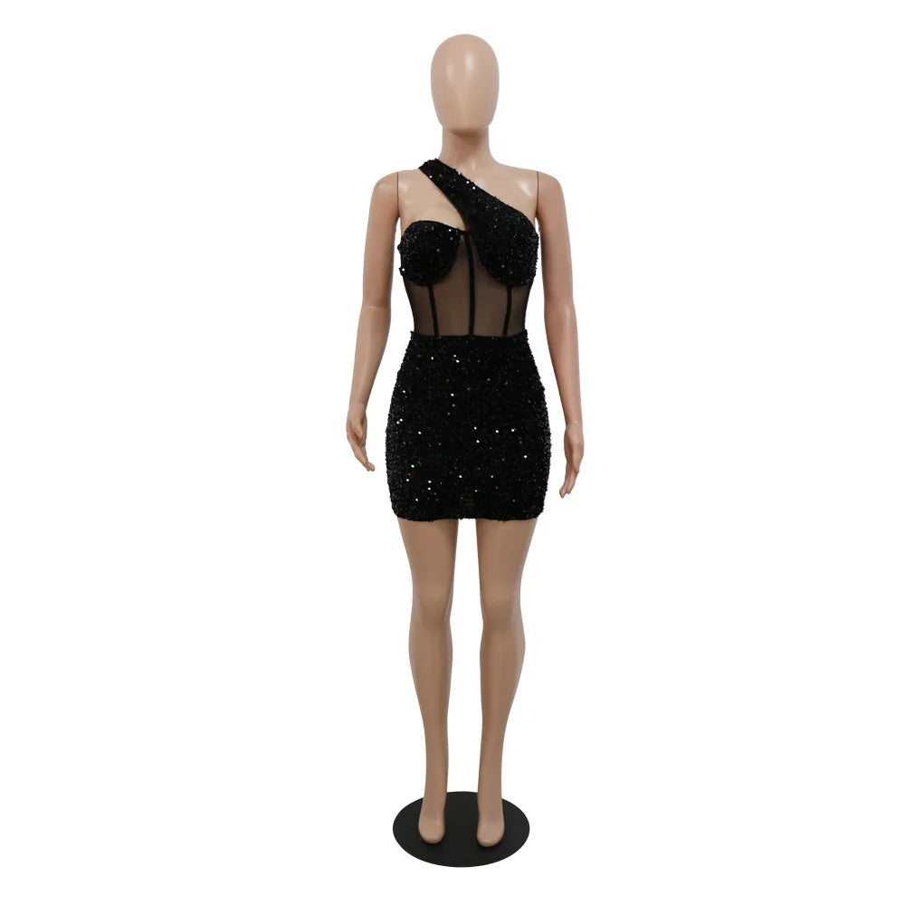 2023 Summer Women Sleeveless One Shoulder Bodycon Sexy Glitter Sequined Mesh Patchwork Mini Dress For Women Birthday Party