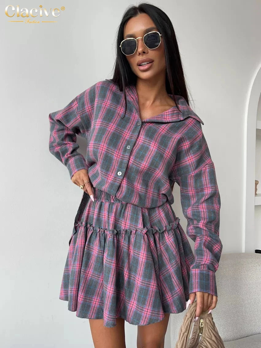 Clacive Fashion Loose Plaid 2 Piece Sets Women Outfit 2025 Elegant Long Sleeve Shirt With High Waist Mini Skirt Set Female