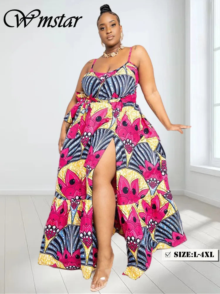 Wmstar Plus Size Dresses for Women Floral Printed Slip Loose Stretch Big Swing Maxi Dress Summer Clothes Wholesale Dropshipping