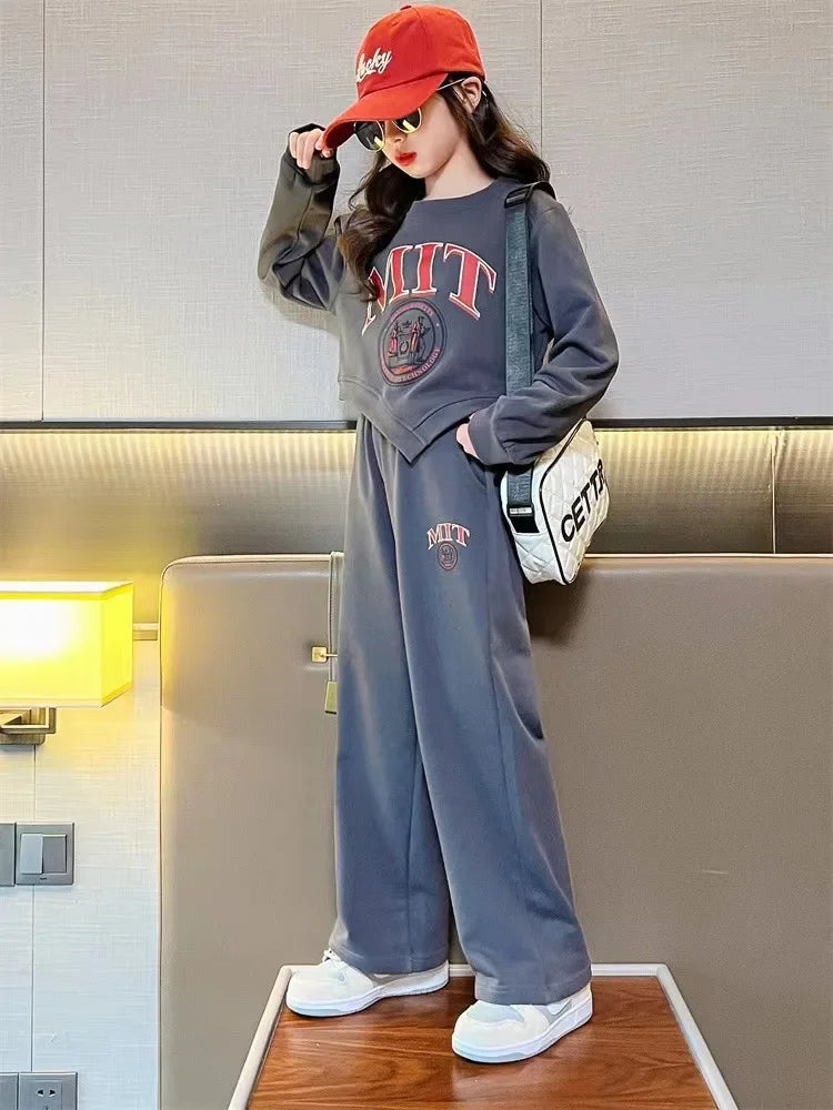 2025 autumn spring kid Girls Clothes Suit Child irregular letter sweatshirt t-shirt top and loose pant Tracksuit 4 8 10 12 year