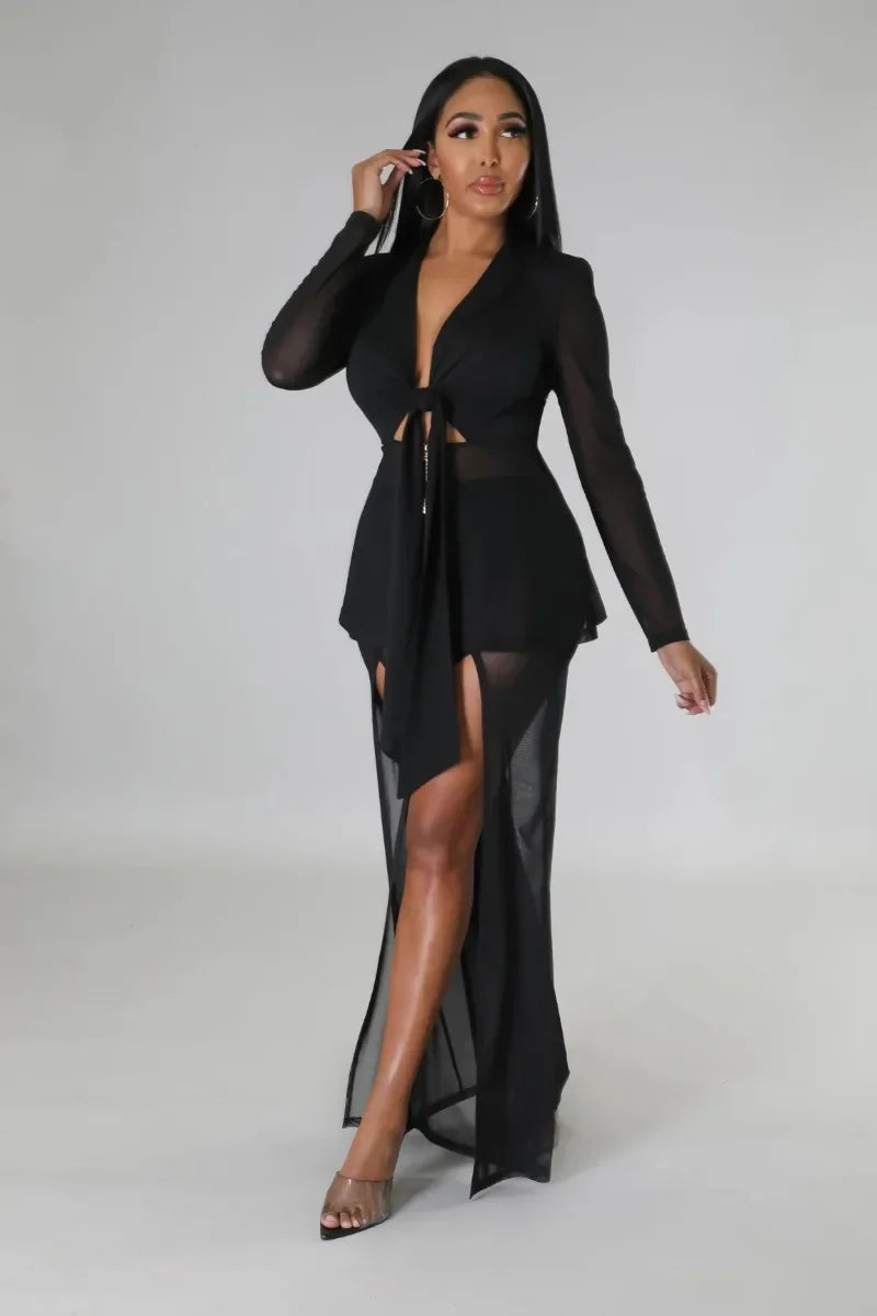 Women Fashion Sexy 2 Piece Set Long Sleeve Lace Up Ribbon Zipper Slim Blazer Tops + Split Wide Leg Pants See Through Mesh Suit