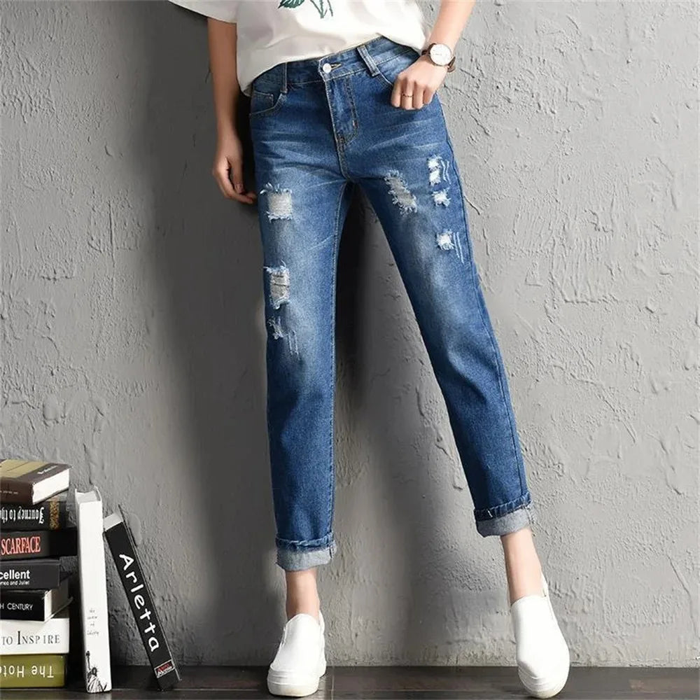 2025 Women jeans Clothing Mid Waist Boyfriend Big Ripped Hole Jeans Casual High Street Denim Pants woman Pencil Jeans y2k