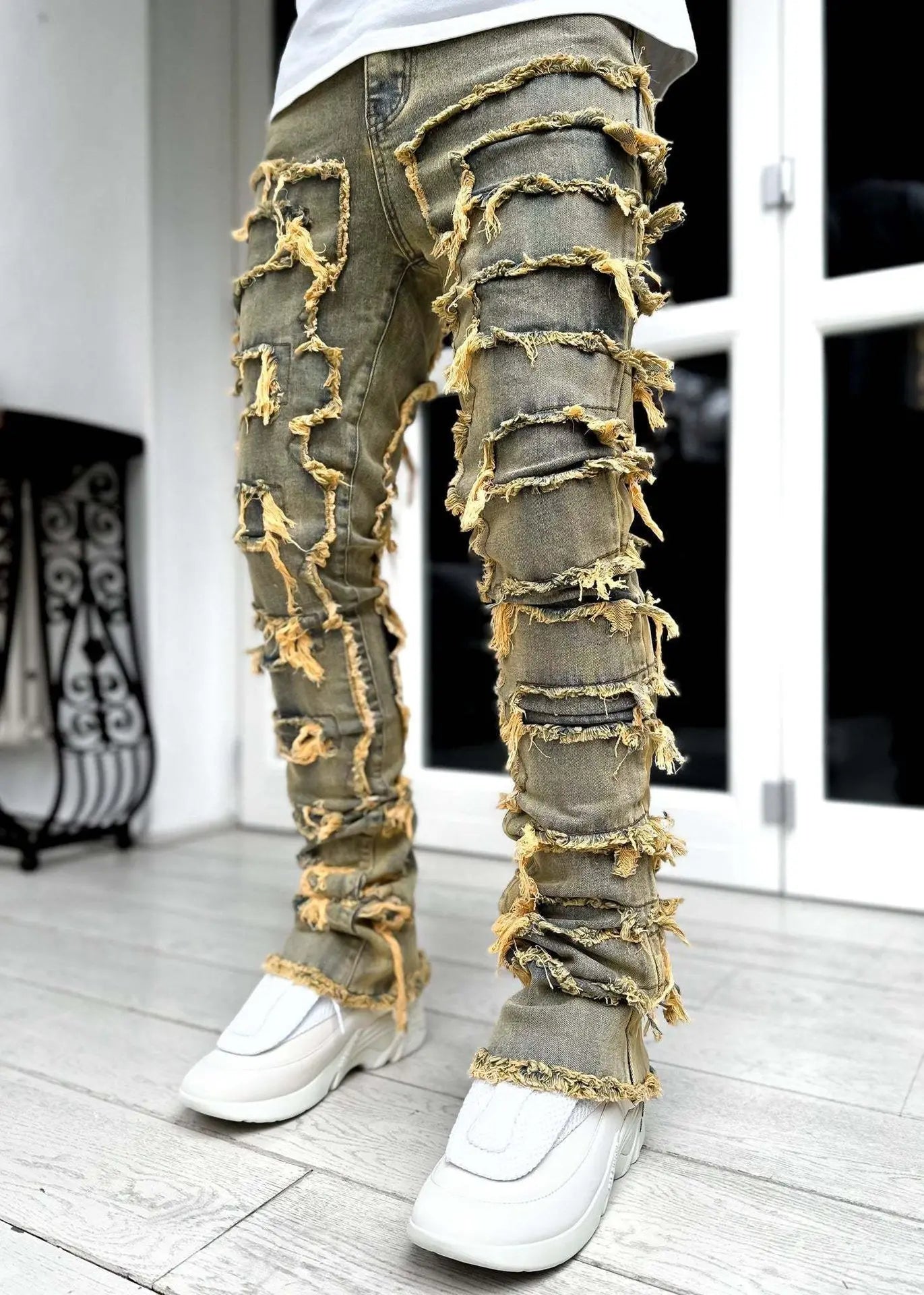 2024 Spring Summer New Men's Clothing Fashion Solid Color Elastic Patch Denim Straight-Leg Pants Jeans