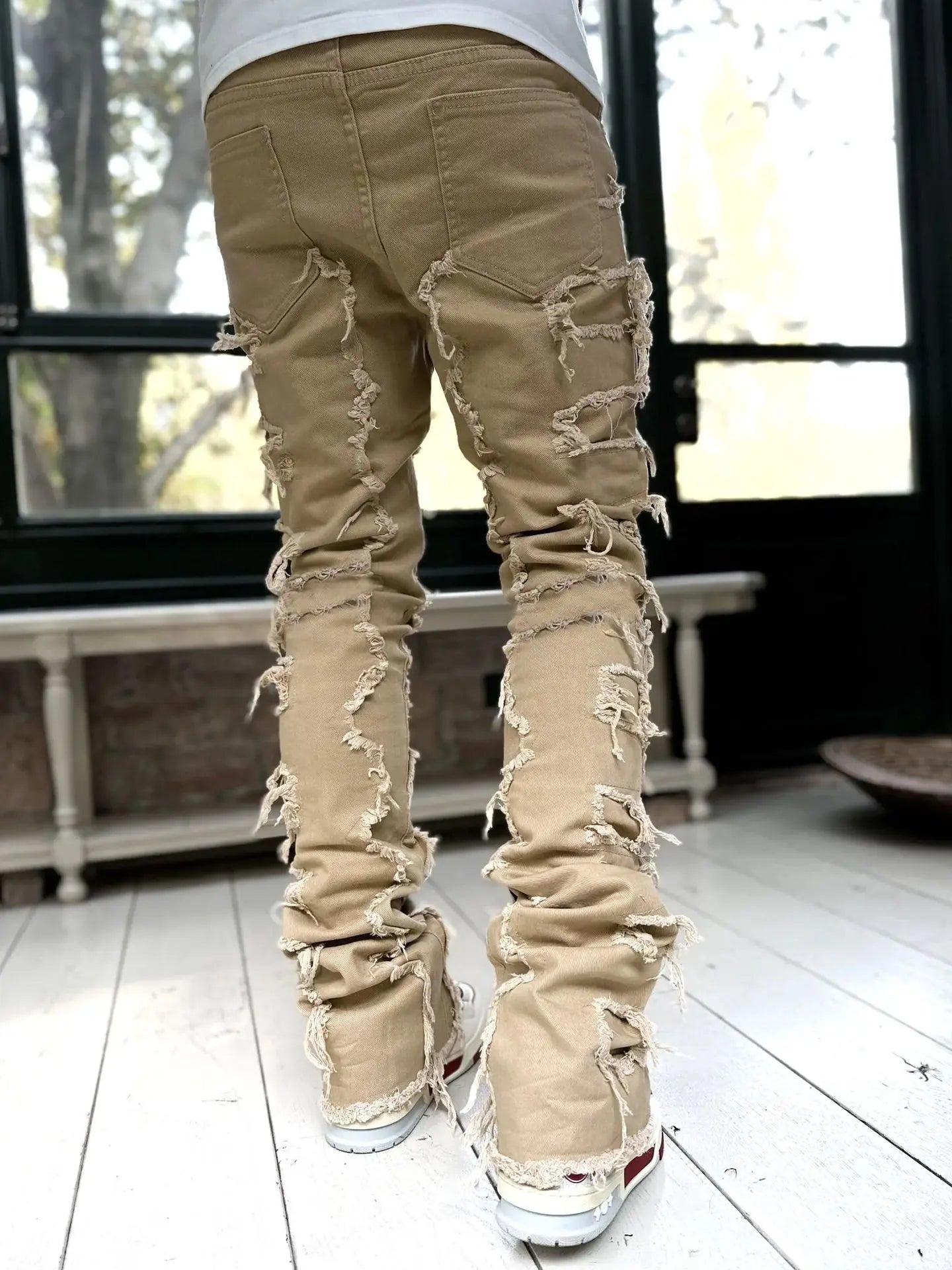 New Fashion Stretch Jeans Man Stacked Jeans Elastic Waist Straight Fit Patchworks Denim Long Pants Fringe Ripped Jeans For Men