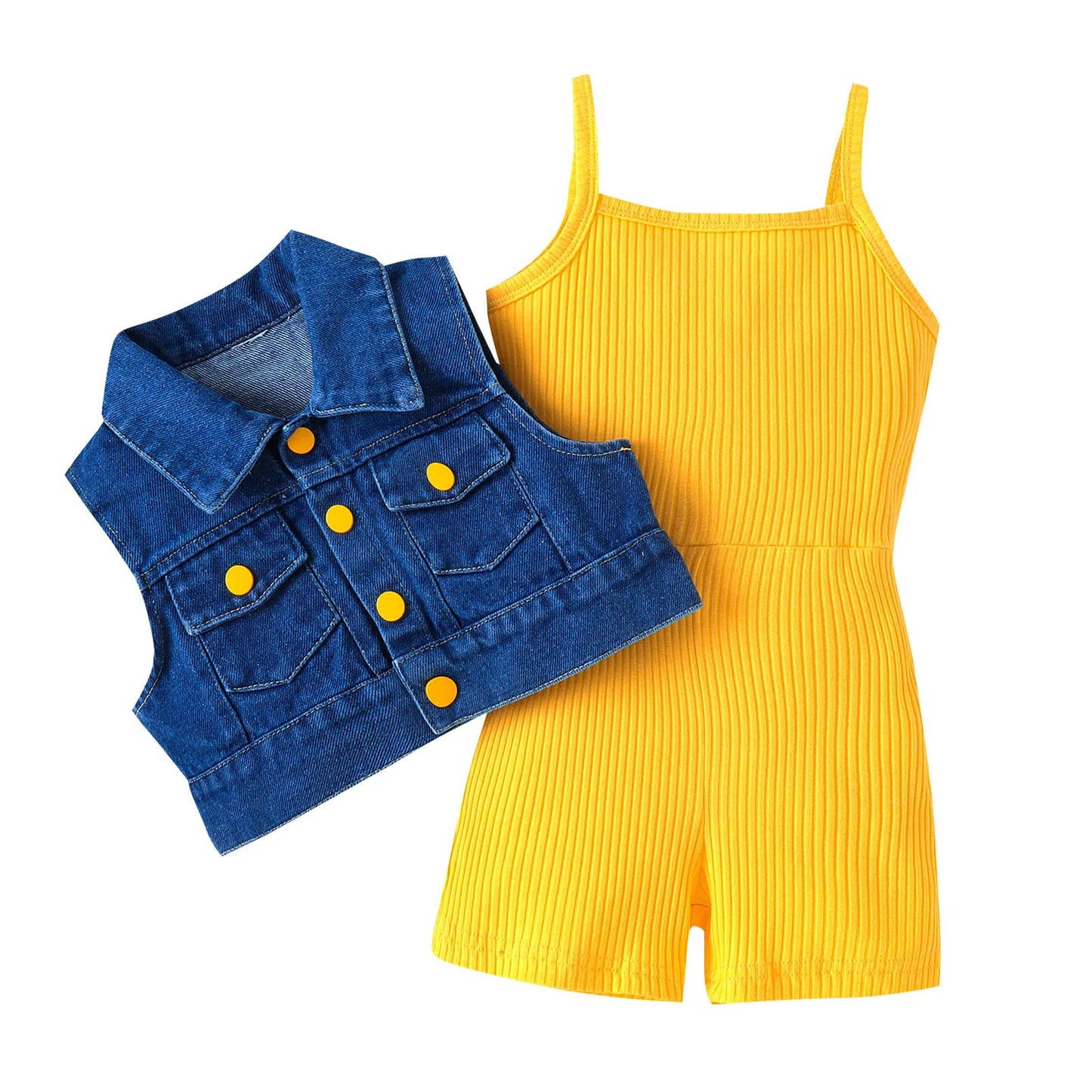 Children Fashion Clothes Sets For Girls 3-7 Years 2025 Summer Sleeveless Solid Rib Bodysuit +Lapel Denim Coat Two Piece Outfits