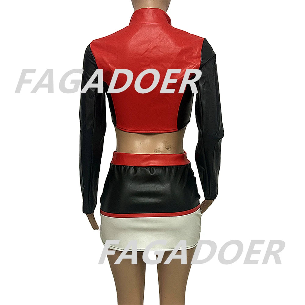 FAGADOER Y2K Letter Printing Leather Jacket Women Moto Coat Color Blocks Zip Crop Jacktes + Mini Skirt Suit Hot Girl Streetwear