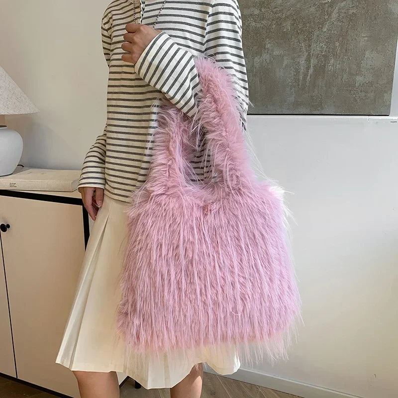 2025 NEW Wool Women's Plush Shoulder Bags Y2k Hot Faux Fur Lady Bag Large Capacity Fashion Female Furry Purse Tote Handbags