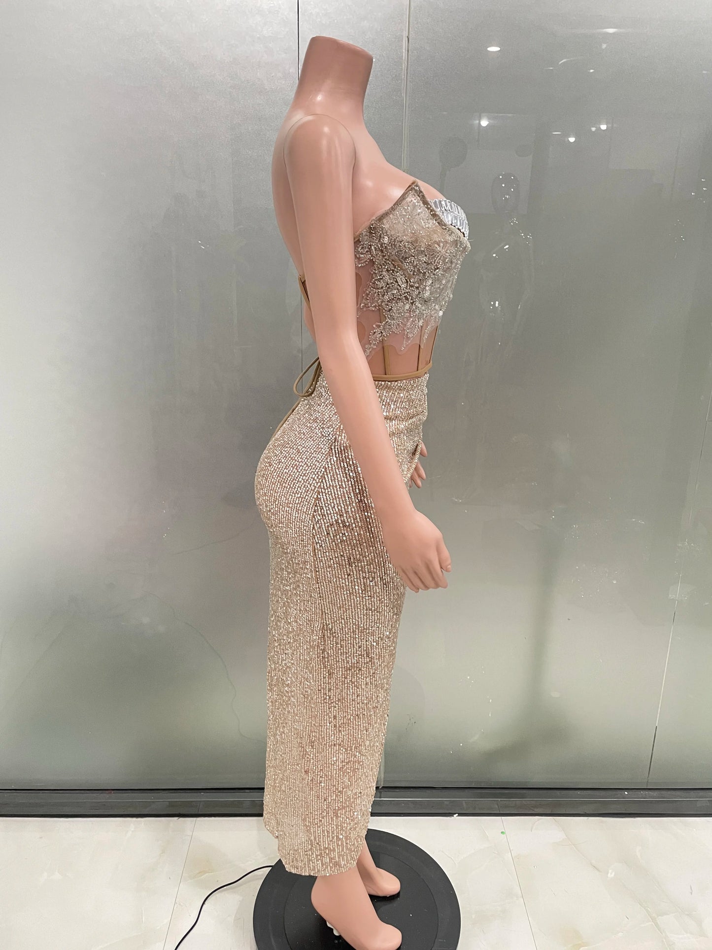 Women Glitter rhinestone Bright Sequins Two Pieces Evening Party Dress Celebrate Festival Dancer Bar Nightclub Ds Dj Stage Wear