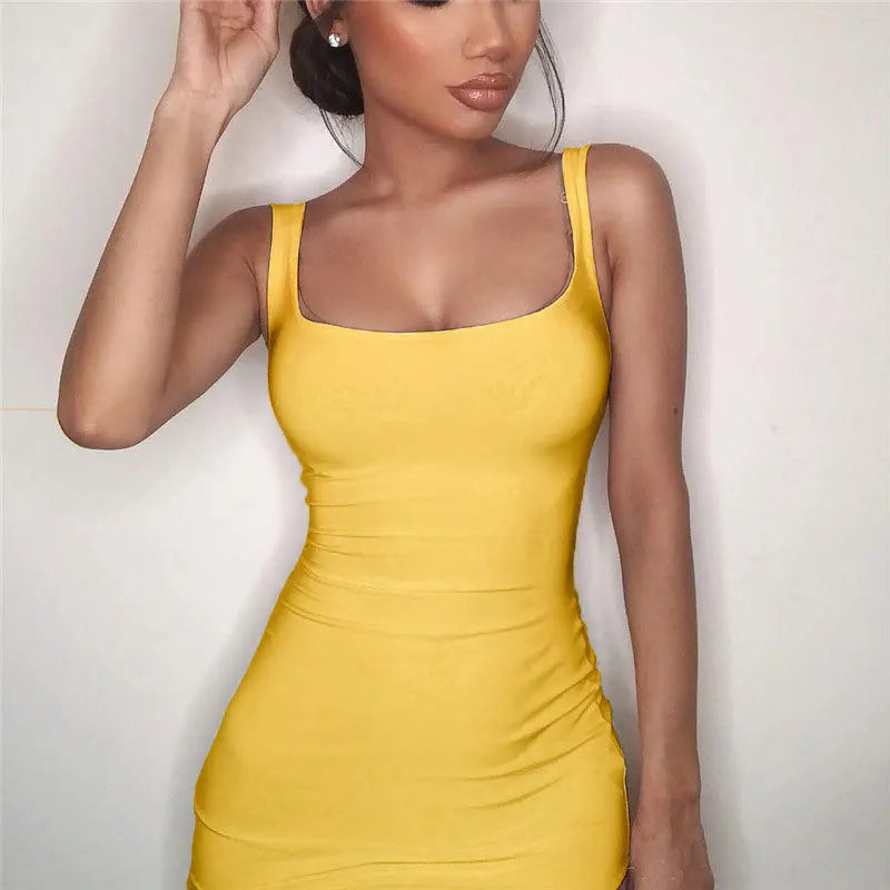 Sexy Elegant Dress Low Neck Wrap Chest Sleeveless Solid Color Bodycon Dress Women Mini Slim Skinny Dress Club Party Vestidos
