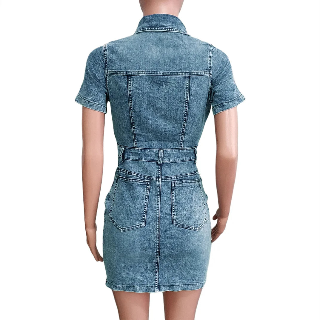 FAGADOER Y2K Denim Dress Mini Fashion Short Sleeve Stretchy Jean Cowboy Cargo Pockets Vestidos Cool Girl Streetwear Clothing new
