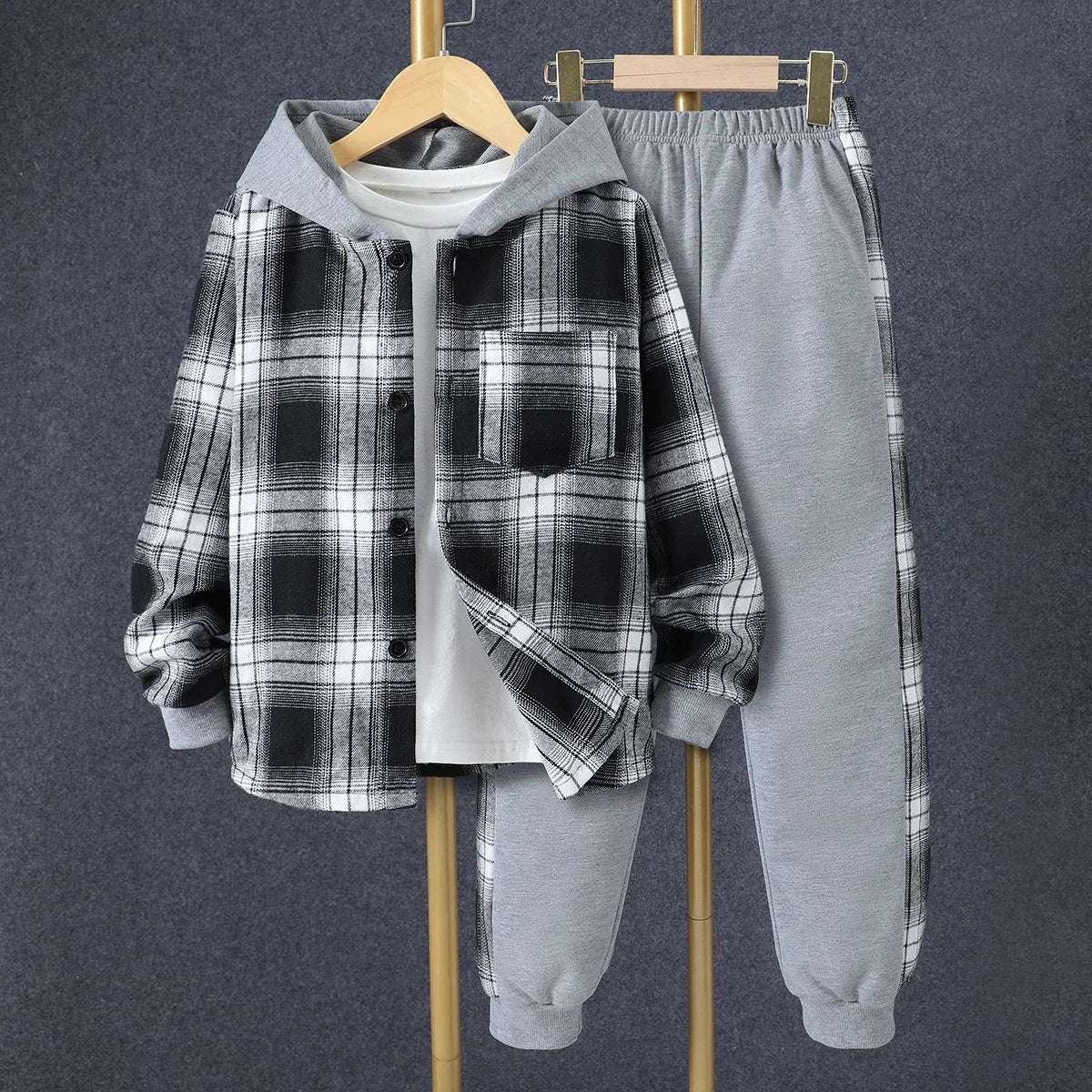 Kids Boys' Autumn Casual Checker Hoodie Set