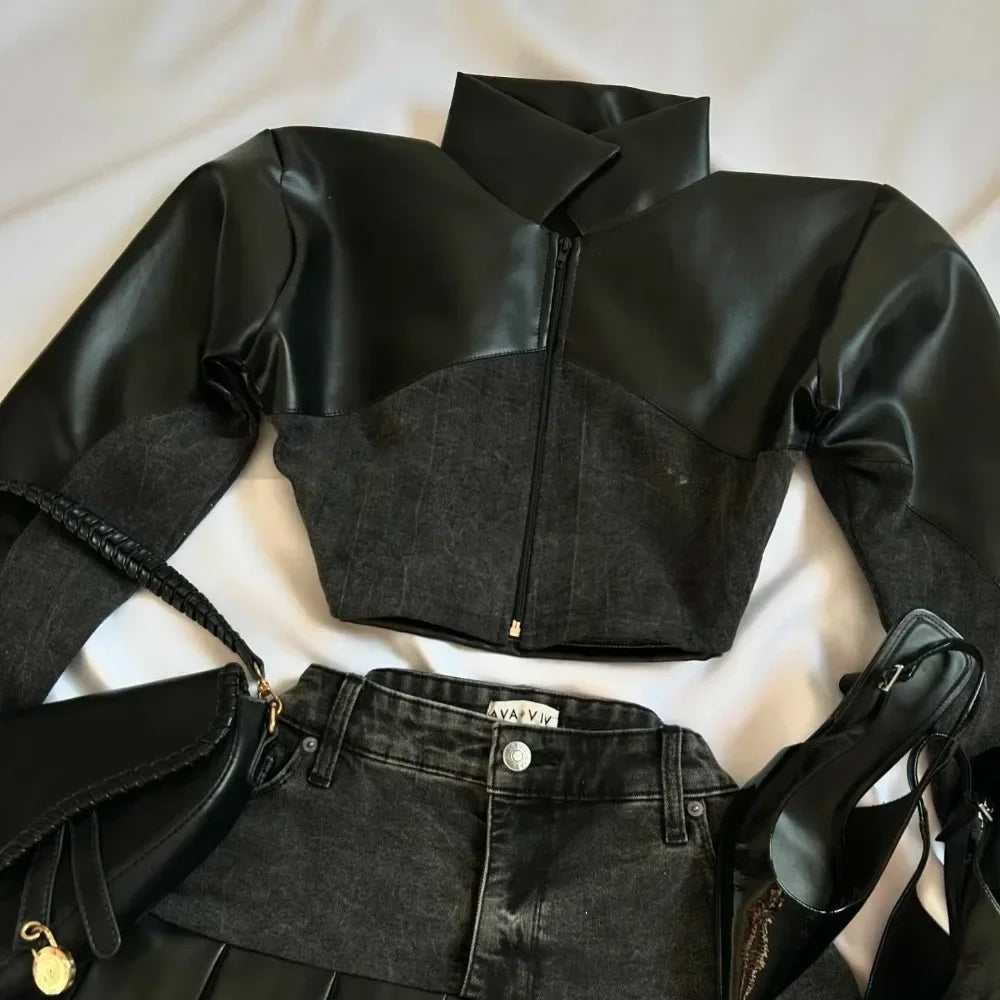 Harajuku New Y2k Two Piece Sets Womens Outifits Pink Leather Denim Splicing Zipper Jacket Skirt Sets Pleated Skirts Streetwear