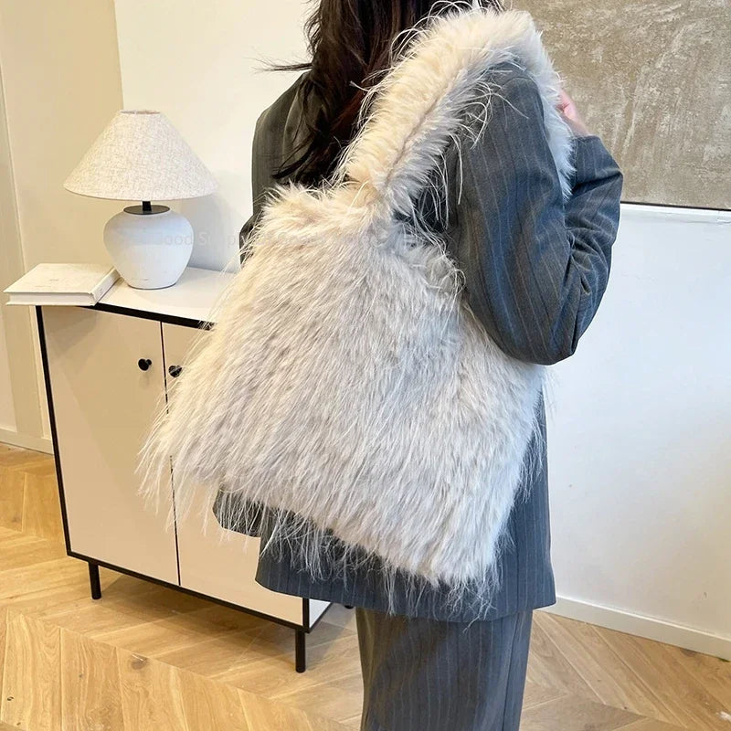 2025 NEW Wool Women's Plush Shoulder Bags Y2k Hot Faux Fur Lady Bag Large Capacity Fashion Female Furry Purse Tote Handbags