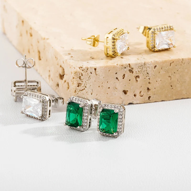 1 Pair Hip Hop 3A+ CZ Stone Pave Bling Ice Out Geometric Square Stud Earrings for Men Rapper Jewelry Gold Silver Color