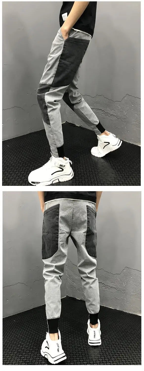 Men's Summer Korean Fashion Vintage Patchwork Stretchy Washed Denim Pants Y2K Casual Streetwear Slim Fit Jeans Pantalones Hombre