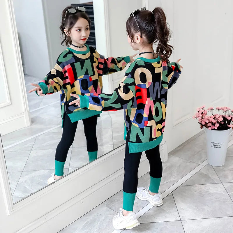 2025 girls clothes autumn winter letter sweatshirt t-shirt hooded + stretch pants leggings cotton teens child 8 9 10 11 12 year