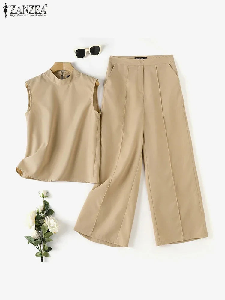 Elegant Chic Women's 2 Pieces Sets ZANZEA Woman 2025 Tracksuits Fashion 2pcs Outfits Suits Tank Tops and Wide Leg Pants Sets