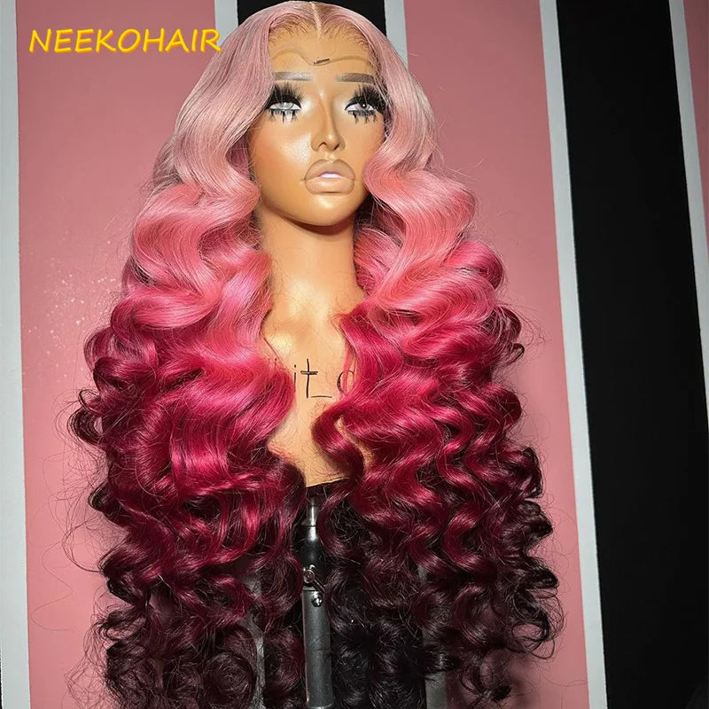 13x6 HD Ombre Pink Lace Front Wig Curly Hot Pink 13x4 Transparent Lace Frontal Or 4x4 Closure Human Hair Wigs For Women