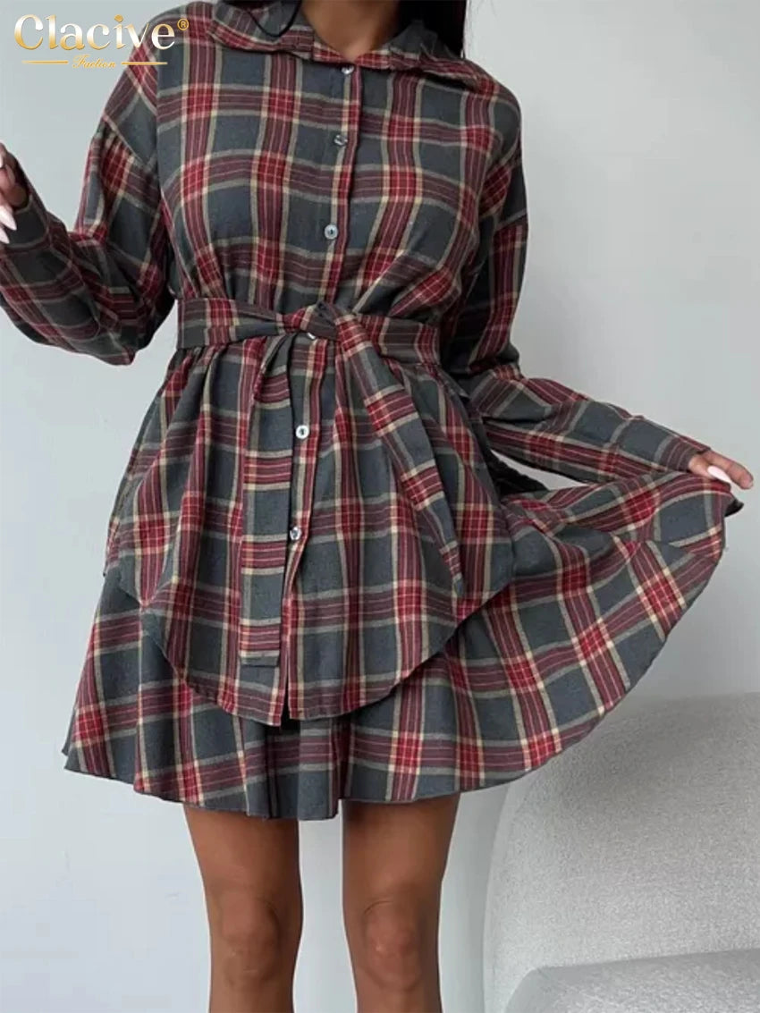 Clacive Fashion Loose Plaid 2 Piece Sets Women Outfit 2025 Elegant Long Sleeve Shirt With High Waist Mini Skirt Set Female