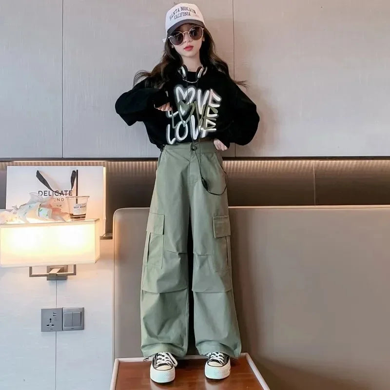 2025 spring autumn Kids tracksuit Children set Girls Clothes loose T-Shirt + wide leg Cargo Pants Teenager 4 5 6 7 10 11 12 year