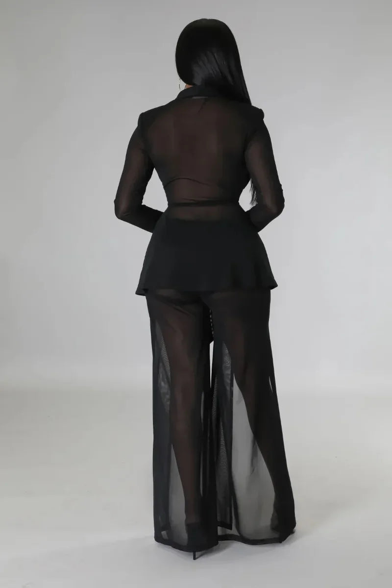 Women Fashion Sexy 2 Piece Set Long Sleeve Lace Up Ribbon Zipper Slim Blazer Tops + Split Wide Leg Pants See Through Mesh Suit