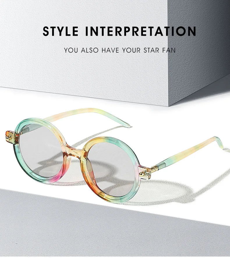 Retro Gray Pink Lens Round Sunglasses Women 2025 Brand Trendy Shiny Circle Frame Men Spectacle Plain Eyewear Shades Sun Glasses