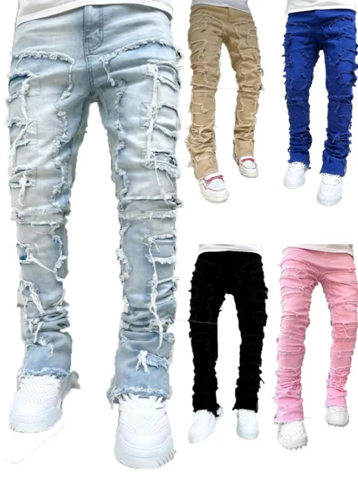 New Fashion Stretch Jeans Man Stacked Jeans Elastic Waist Straight Fit Patchworks Denim Long Pants Fringe Ripped Jeans For Men