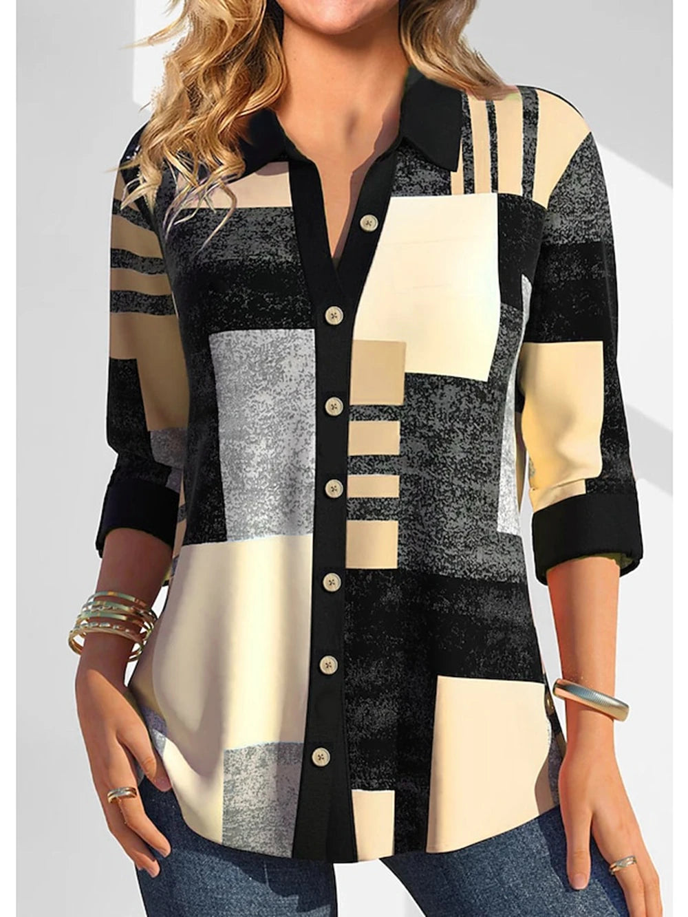 Women's Shirt Blouse Plaid Yellow Blue Purple Print Button Long Sleeve Casual Fashion Shirt Collar Fit 2025 Spring & Fall Tops